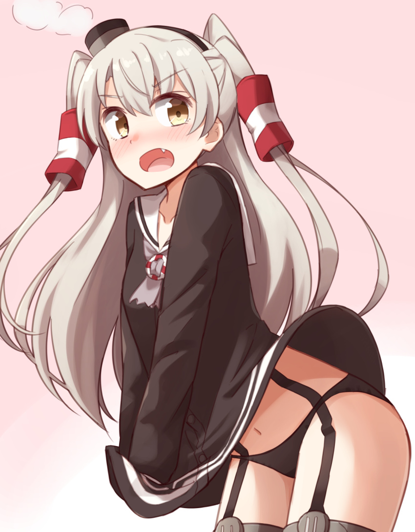 &gt;:d 1girl :d amatsukaze_(kantai_collection) bangs black_hairband black_hat black_panties blonde_hair blush brown_eyes brown_shirt buttons collarbone commentary_request cowboy_shot eyebrows_visible_through_hair fang garter_straps hair_tubes hairband hat highres kantai_collection kapatarou leaning_forward long_hair long_sleeves looking_at_viewer mini_hat navel no_pants open_mouth panties pink_background sailor_collar shirt shirt_tug simple_background smile smoke solo standing tareme thigh_strap twintails underwear very_long_hair
