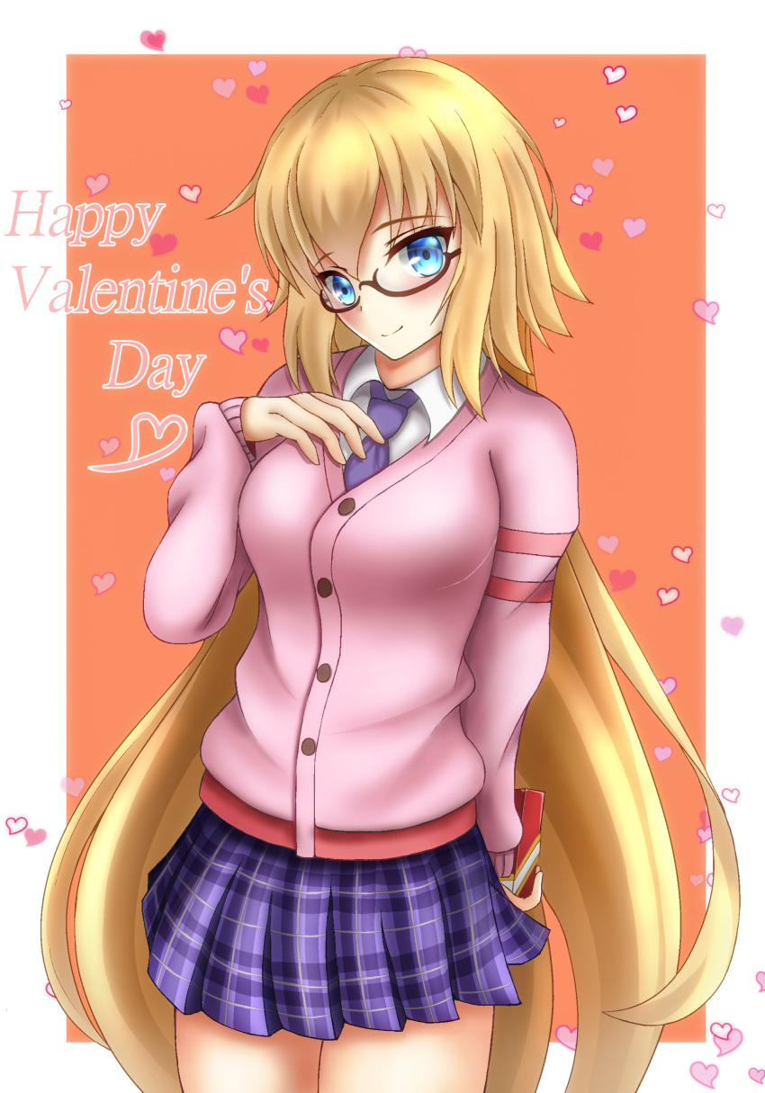 1girl absurdres alternate_costume bespectacled blonde_hair blue_eyes blush box breasts dress_shirt fate/grand_order fate_(series) gift gift_box glasses happy_valentine head_tilt highres large_breasts long_hair looking_at_viewer necktie pink_sweater plaid plaid_skirt pleated_skirt rai_(newtype_xm-x1) ruler_(fate/apocrypha) school_uniform semi-rimless_glasses shirt skirt smile solo sweater under-rim_glasses very_long_hair