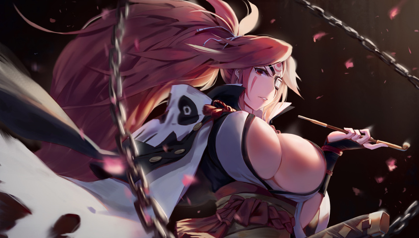 1girl amputee arm_guards baiken breasts chains chiwa_(tsugumisky) cleavage eyepatch guilty_gear japanese_clothes katana kimono kiseru large_breasts long_hair looking_at_viewer obi one-eyed petals pink_eyes pink_hair pipe ponytail sash scar scar_across_eye solo sword upper_body weapon