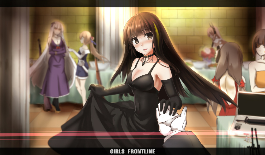 6+girls :d alternate_costume black_dress black_gloves black_hair blue_dress blurry blush breasts brown_eyes character_request cleavage commentary_request copyright_name covered_navel depth_of_field dress elbow_gloves eyepatch girls_frontline gloves gun highres indoors jewelry kar98k_(girls_frontline) m16a1_(girls_frontline) m1903_springfield_(girls_frontline) m4a1_(girls_frontline) mag_(mag42) medium_breasts multicolored_hair multiple_girls necklace open-back_dress open_mouth orange_dress personification pillar pov pov_hands purple_dress red_dress red_eyes rifle smile streaked_hair type_56_assault_rifle_(girls_frontline) weapon white_gloves