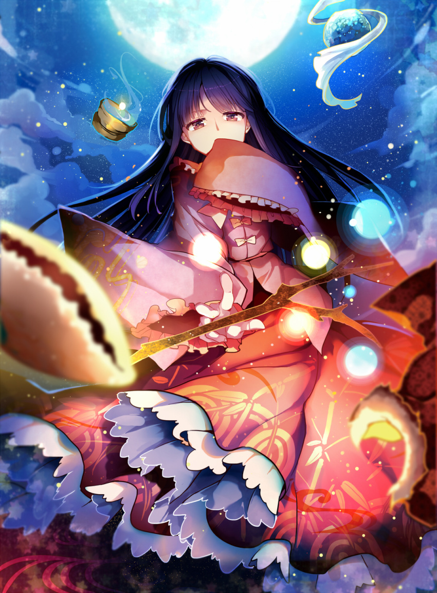 1girl backlighting blouse branch brown_eyes covering_mouth cowboy_shot foreshortening frilled_skirt frilled_sleeves frills full_moon highres hime_cut houraisan_kaguya jeweled_branch_of_hourai long_hair long_skirt long_sleeves looking_at_viewer moon moonlight night night_sky pink_blouse skirt sky solo star_(sky) starry_sky touhou very_long_hair wide_sleeves yetworldview_kaze