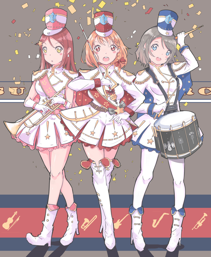 3girls :o bangs blue_eyes blush boots bow braid cape confetti drum drumsticks full_body gloves grey_hair hair_bow hair_ornament hat head_tilt high_heel_boots high_heels highres holding_instrument instrument long_hair long_sleeves looking_at_viewer love_live! love_live!_sunshine!! marching_band marching_band_baton multiple_girls orange_hair qianqian red_bow red_eyes redhead sakurauchi_riko sash shako_cap short_hair side_braid skirt standing star star_hair_ornament star_print takami_chika thigh-highs thigh_boots trumpet watanabe_you white_gloves white_legwear yellow_eyes