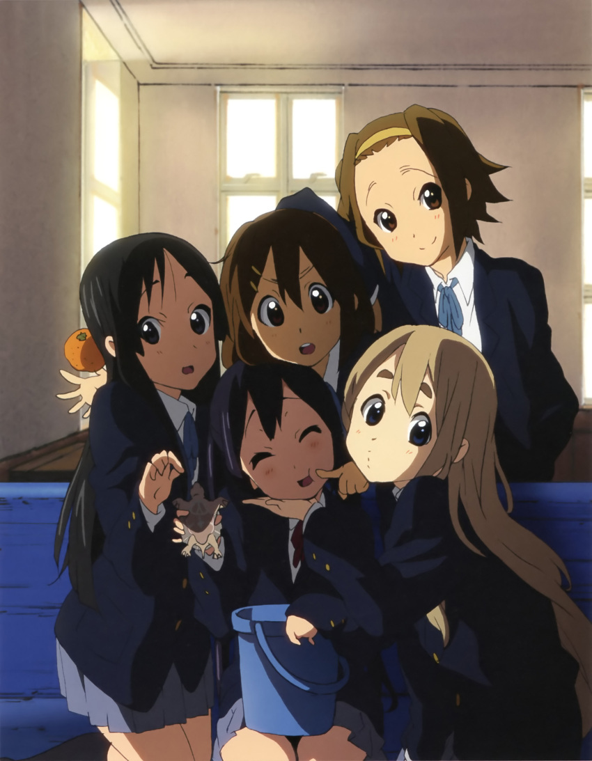 5girls akiyama_mio blazer bucket food fruit highres hirasawa_yui jacket k-on! kotobuki_tsumugi multiple_girls nakano_azusa no_legwear orange poking school_uniform smile tainaka_ritsu ton-chan turtle yamada_naoko