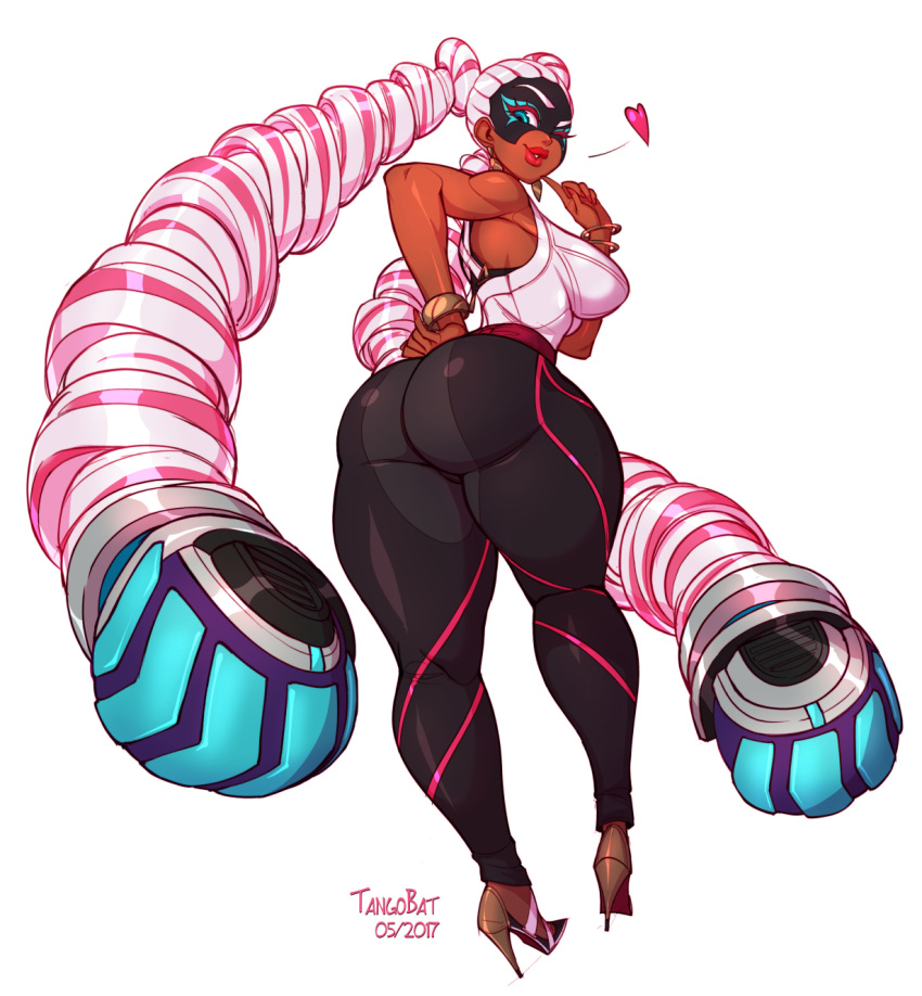 arms_(game) ass blue_eyes bracelet breasts dark_skin drill_hair finger_to_face from_behind highres jewelry lips long_hair looking_at_viewer looking_back medium_breasts nail_polish one_eye_closed pants pink_hair smile tangobat thick_thighs thighs twin_drills twintails twintelle_(arms) very_long_hair