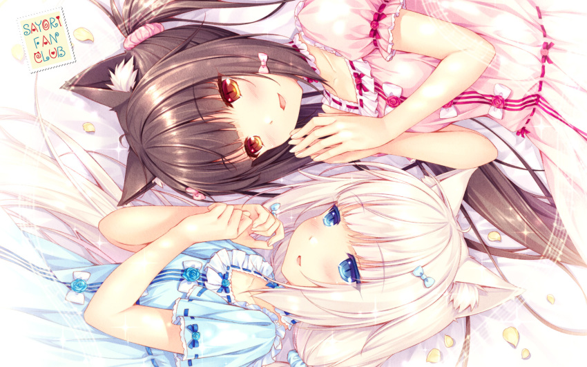 2girls animal_ears artist_name bangs blue_eyes blunt_bangs bow brown_eyes brown_hair cat_ears chocola_(sayori) choker collarbone dress eyebrows_visible_through_hair from_above hair_bow hair_ornament hair_scrunchie hands_together highres long_hair low_twintails lying multiple_girls nekopara official_art on_side parted_lips pink_dress puffy_short_sleeves puffy_sleeves ribbon-trimmed_dress ribbon_trim sayori scrunchie short_sleeves slit_pupils smile steepled_fingers twintails vanilla_(sayori) very_long_hair wallpaper white_hair