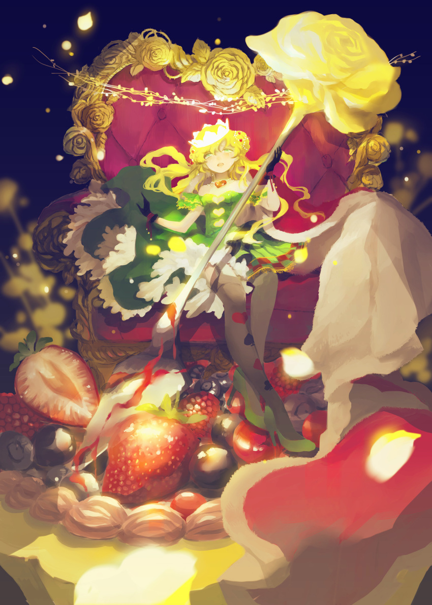 1girl alice_in_wonderland blonde_hair blueberry brown_legwear cake cleavage_cutout cosplay couch crown dress flower food fruit garter_straps gloves green_eyes heart_cutout high_heels highres ib long_hair mary_(ib) queen_of_hearts queen_of_hearts_(cosplay) rose sitting strawberry sweetrain thigh-highs yellow_rose