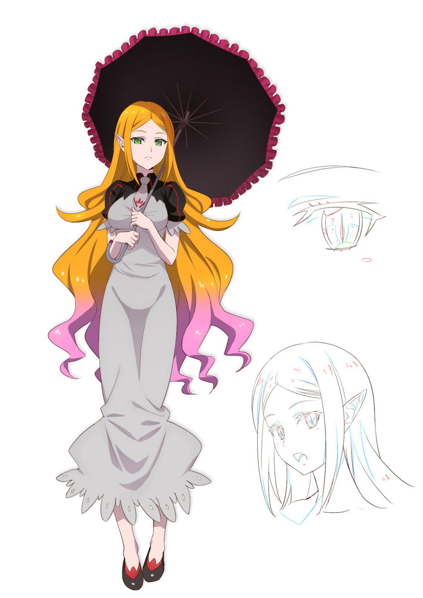1girl blonde_hair character_sheet dress green_eyes highres long_hair looking_at_viewer multicolored_hair multiple_views original parasol pointy_ears puma_(hyuma1219) simple_background solo standing two-tone_hair umbrella