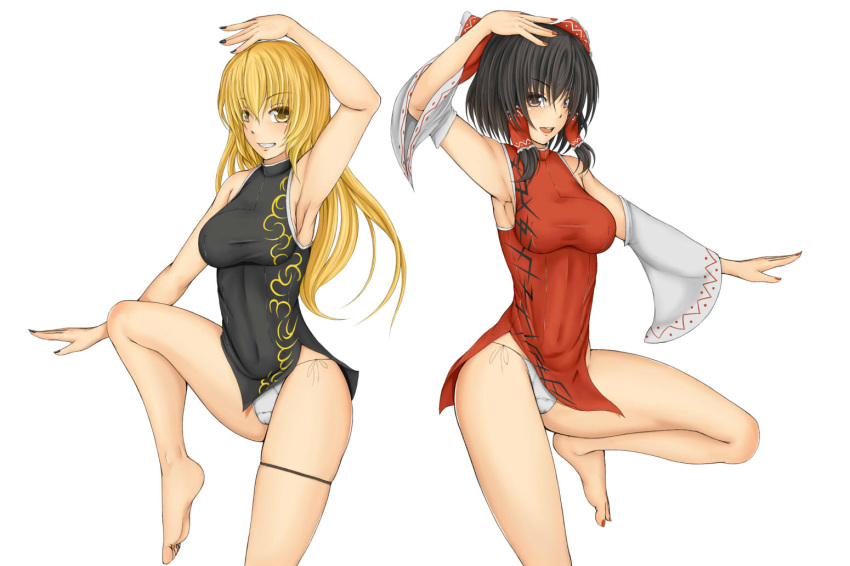 2girls arm_up armpits ascot bare_shoulders barefoot blonde_hair bow braid breasts china_dress chinese_clothes cookin cowboy_shot detached_sleeves dress hair_bow hair_tubes kirisame_marisa large_breasts leg_up long_hair looking_at_viewer medium_breasts multiple_girls navel one_leg_raised open_mouth panties side-tie_panties single_braid smile soles standing standing_on_one_leg touhou underwear wide_sleeves