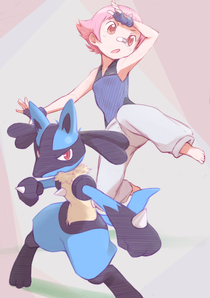 1girl bandaid bandaid_on_nose blue_gloves blush commentary_request fingerless_gloves gloves gym_leader highres looking_at_viewer looking_away lucario okayparium open_mouth pink_eyes pink_hair pokemon pokemon_(creature) pokemon_(game) pokemon_dppt red_eyes short_hair sleeveless sumomo_(pokemon)