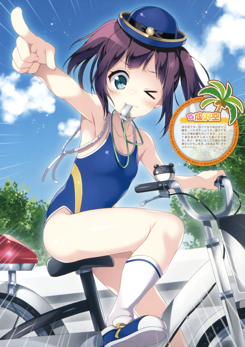 1girl absurdres armpits bicycle black_hair blue_eyes blue_hat breasts cleavage collarbone ground_vehicle hat highres index_finger_raised mouth_hold narusawa_sora one_eye_closed original outdoors scan school_swimsuit short_hair sitting small_breasts solo swimsuit twintails