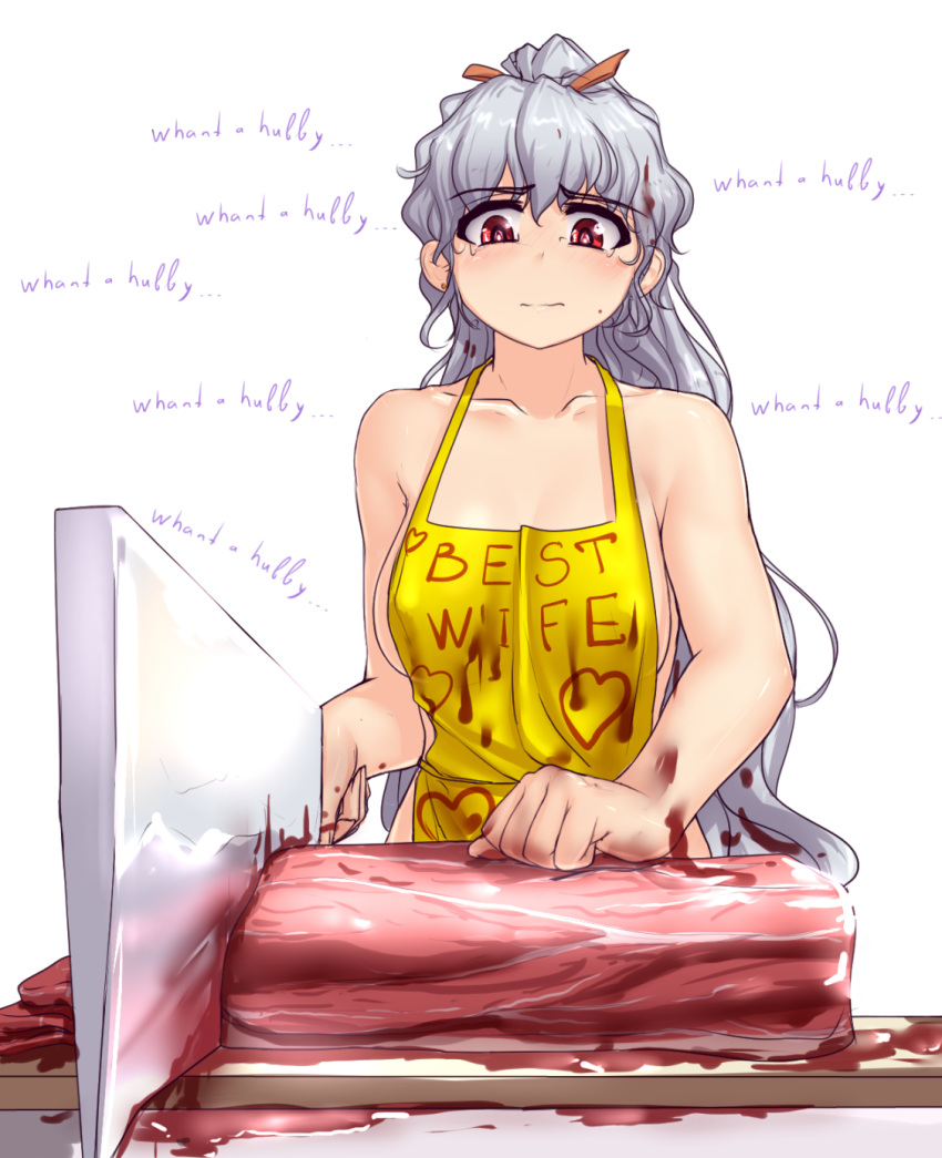 1girl alternate_costume apron bangs bare_arms bare_shoulders blood bloody_clothes blush breasts closed_mouth clothes_writing collarbone earrings engrish eyebrows_visible_through_hair food foreshortening frown hair_ribbon hater_(hatater) highres jewelry knife meat medium_breasts naked_apron orange_ribbon ponytail ranguage red_eyes reflection ribbon sakata_nemuno sideboob silver_hair simple_background solo stud_earrings tareme teardrop tearing_up text thick_eyebrows touhou upper_body white_background yellow_apron