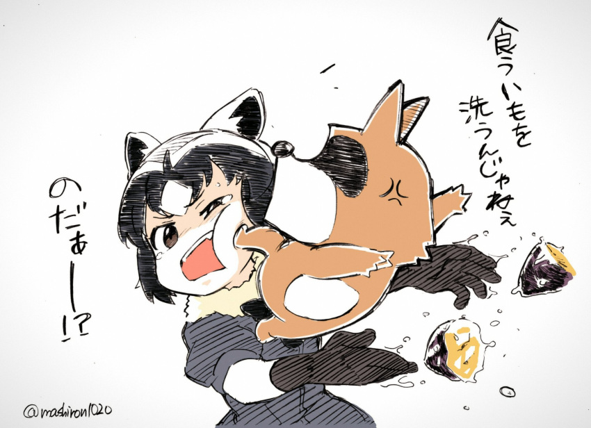 1girl anger_vein angry animal animal_ears araiguma's_father_(bonobono) black_gloves black_hair black_ribbon blue_shirt bonobono brown_eyes cheek_press common_raccoon_(kemono_friends) crossover d: eye_contact fangs food full_body fur_collar gloves grey_background grey_hair highres kemono_friends looking_at_another looking_to_the_side multicolored multicolored_clothes multicolored_gloves multicolored_hair neck_ribbon open_mouth puffy_short_sleeves puffy_sleeves raccoon_ears ribbon shiromanta shirt short_hair short_sleeves sweet_potato tears teeth trait_connection translation_request tsurime twitter_username upper_body upper_teeth water_drop wet white_hair
