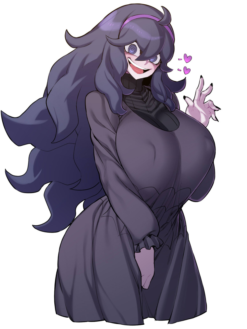 1girl al_bhed_eyes black_dress black_hair black_nails blue_eyes breasts crazy_smile dress erect_nipples hairband heart hex_maniac_(pokemon) highres hips huge_breasts long_hair looking_at_viewer nail_polish npc_trainer pokemon pokemon_(game) pokemon_xy simple_background smile solo space_jin white_background