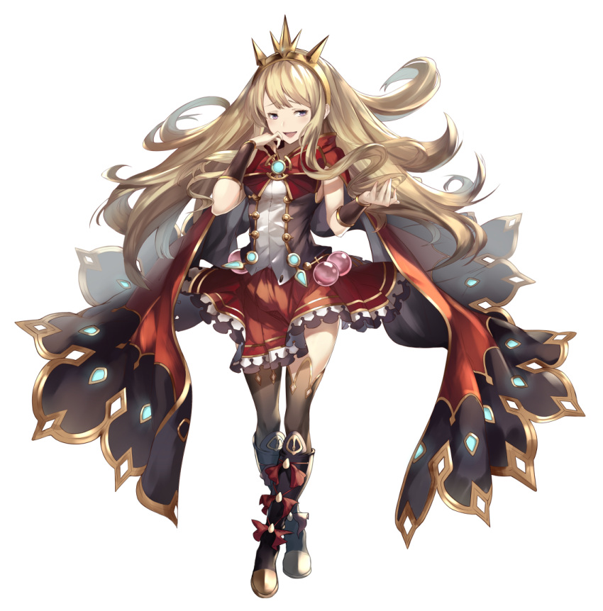 1girl backlighting bangs black_legwear blonde_hair boots bracer cagliostro_(granblue_fantasy) cloak crown eyebrows_visible_through_hair full_body granblue_fantasy hands_up headpiece legs_crossed long_hair official_style open_mouth pleated_skirt red_skirt simple_background skirt smile sola_(solo0730) solo standing thigh-highs violet_eyes white_background