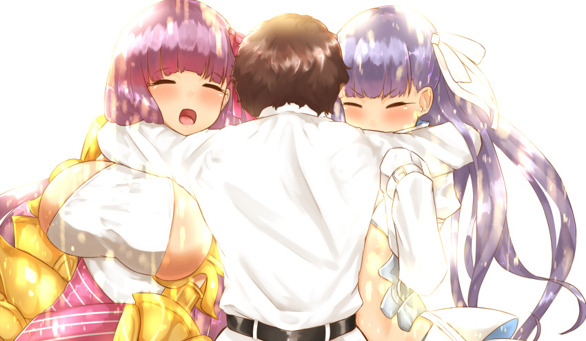 1boy 2girls armor bangs belly belt blush breasts brown_hair claws closed_eyes coat commentary_request fate/extra fate/extra_ccc fate/grand_order fate_(series) flat_chest fujimaru_ritsuka_(male) gauntlets hair_ornament hair_ribbon highres hug jacket large_breasts long_hair long_sleeves makano_mucchi meltlilith multiple_girls passion_lip purple_hair revealing_clothes ribbon shirt short_hair sleeveless sleeveless_shirt sleeves_past_wrists white_coat white_jacket white_ribbon white_shirt