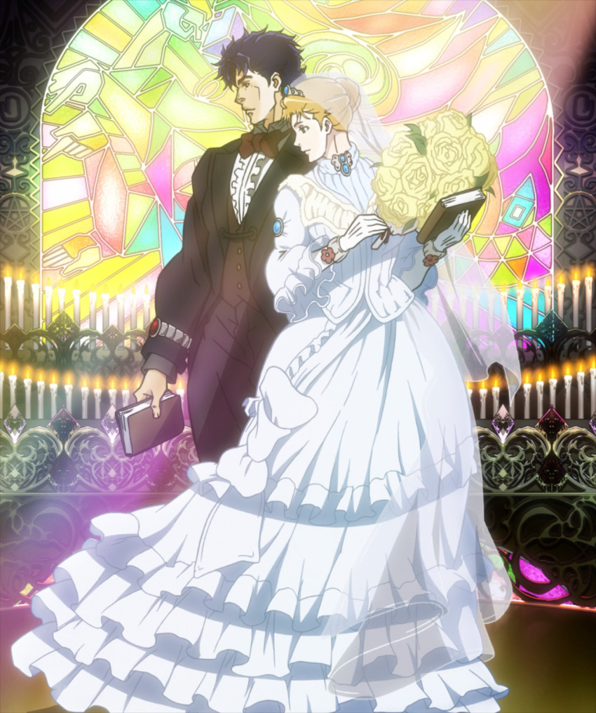 1boy 1girl blonde_hair blue_hair book bouquet bow bowtie bridal_veil candle dress erina_pendleton flower frilled_dress frills gloves highres holding holding_book husband_and_wife jojo_no_kimyou_na_bouken jonathan_joestar light profile screencap stained_glass tuxedo veil vest wedding_dress white_dress white_gloves