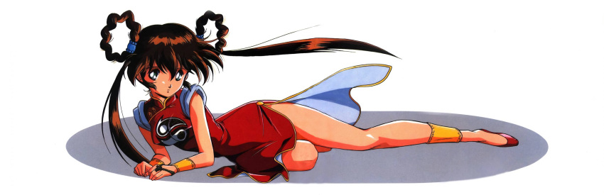 1girl 90s bracer braid brown_hair china_dress chinese_clothes dress dress_shirt floating_hair full_body green_hair highres long_hair looking_at_viewer lying mamono_hunter_youko mano_youko marker_(medium) miyao_gaku official_art on_side shirt side_slit sleeveless solo traditional_media twin_braids twintails white_background yin_yang