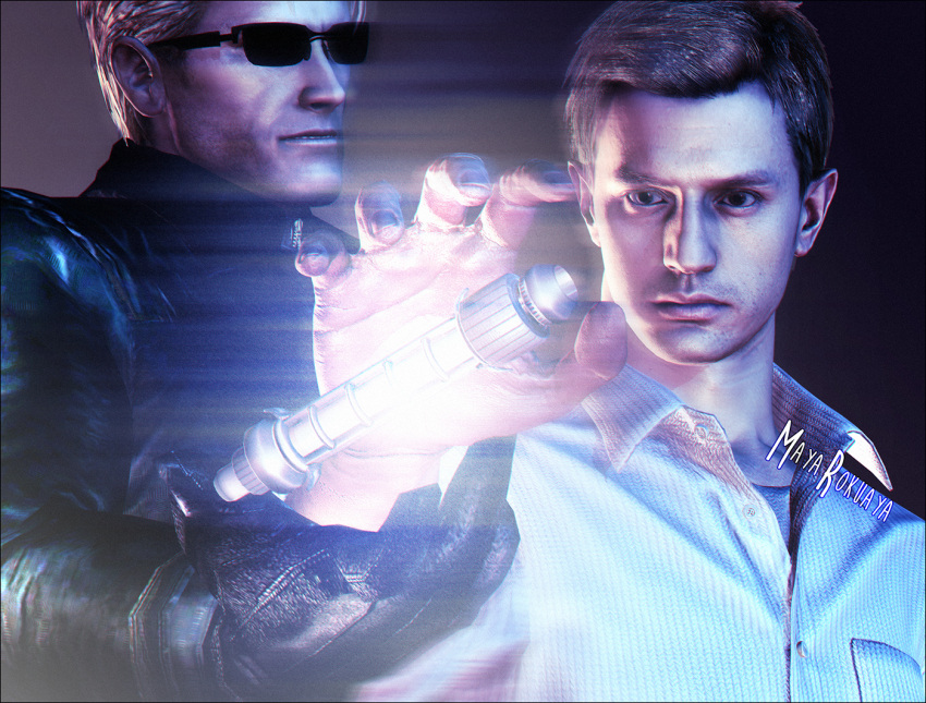2boys 3d albert_wesker backlighting commentary ethan_winters gloves glowing jacket leather leather_gloves leather_jacket maya_rokuaya multiple_boys resident_evil resident_evil_5 resident_evil_7 shirt sunglasses tagme