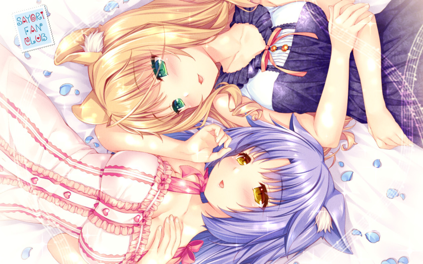 2girls animal_ears artist_name blonde_hair blush breasts cat_ears cinnamon_(sayori) cleavage collarbone curly_hair dress eyebrows_visible_through_hair from_above green_eyes hand_on_own_chest hands_on_own_stomach heart_button highres long_hair lying maple_(sayori) medium_breasts multiple_girls musical_note nekopara official_art on_back open_mouth petals purple_hair sayori slit_pupils smile wallpaper yellow_eyes