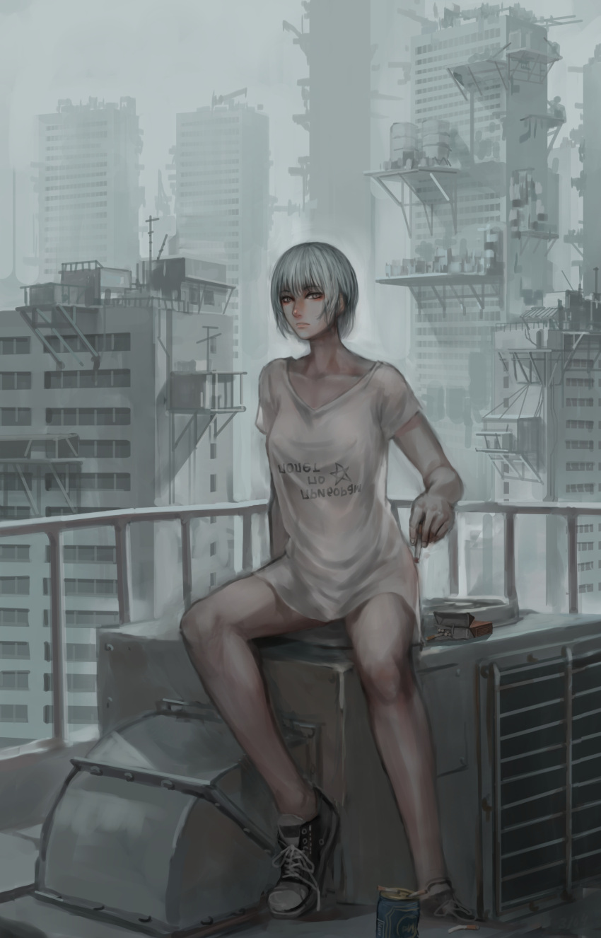 1girl absurdres bob_cut can cigarette cigarette_box commentary_request converse highres jittsu looking_at_viewer loose_shirt no_pants no_socks original russian shirt shoes short_hair sitting sneakers t-shirt v-neck white_hair
