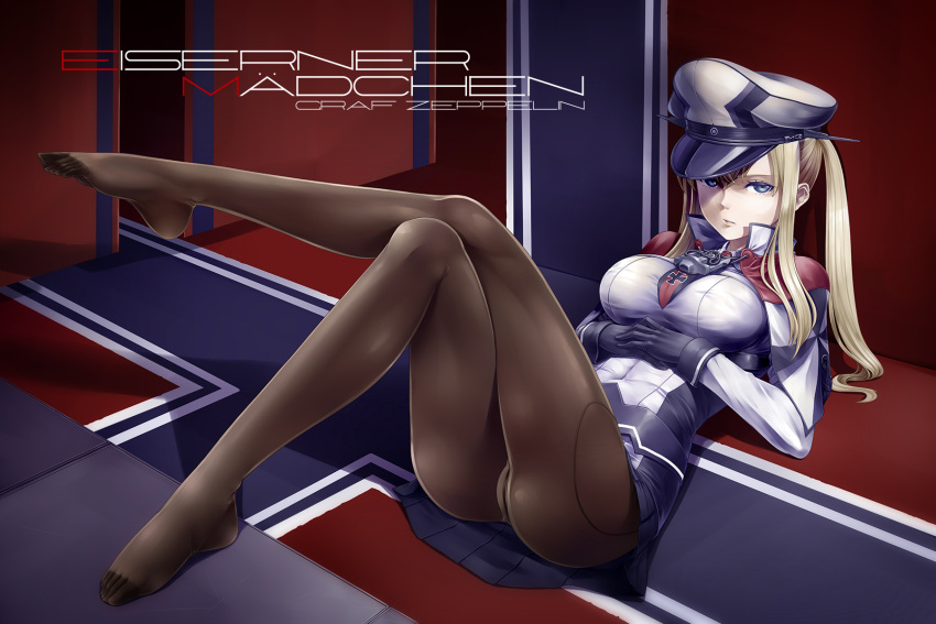 1girl anchor black_gloves black_legwear blonde_hair capelet feet gloves graf_zeppelin_(kantai_collection) hair_between_eyes hat highres impossible_clothes kantai_collection kazuki_seihou long_hair looking_at_viewer lying military military_hat military_uniform miniskirt no_shoes on_back panties panties_under_pantyhose pantyhose peaked_cap sidelocks skirt solo toes underwear uniform white_hat