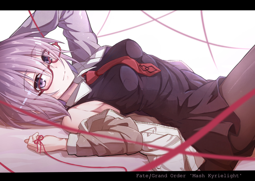 1girl absurdres black_legwear breasts eyebrows_visible_through_hair fate/grand_order fate_(series) glasses highres lavender_hair letterboxed light_smile looking_at_viewer lying necktie on_back pantyhose red-framed_eyewear red_necktie shielder_(fate/grand_order) shuutou_haruka smile solo violet_eyes