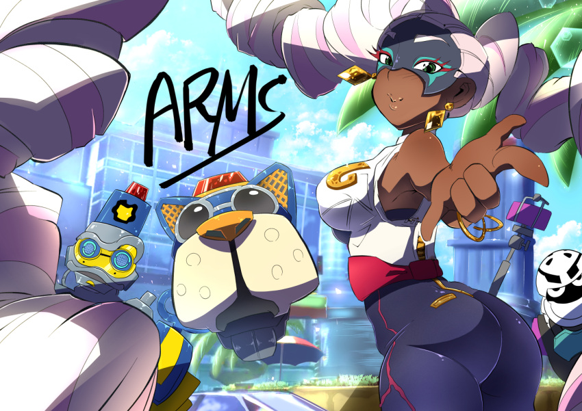 1girl arms_(game) ass bare_shoulders barq breasts byte character_request copyright_name dark_skin drill_hair earrings green_eyes jewelry kid_cobra kiwa_(pokemonwars) lips long_hair looking_at_viewer mask medium_breasts pink_hair smile thick_thighs thighs twin_drills twintelle_(arms) very_long_hair