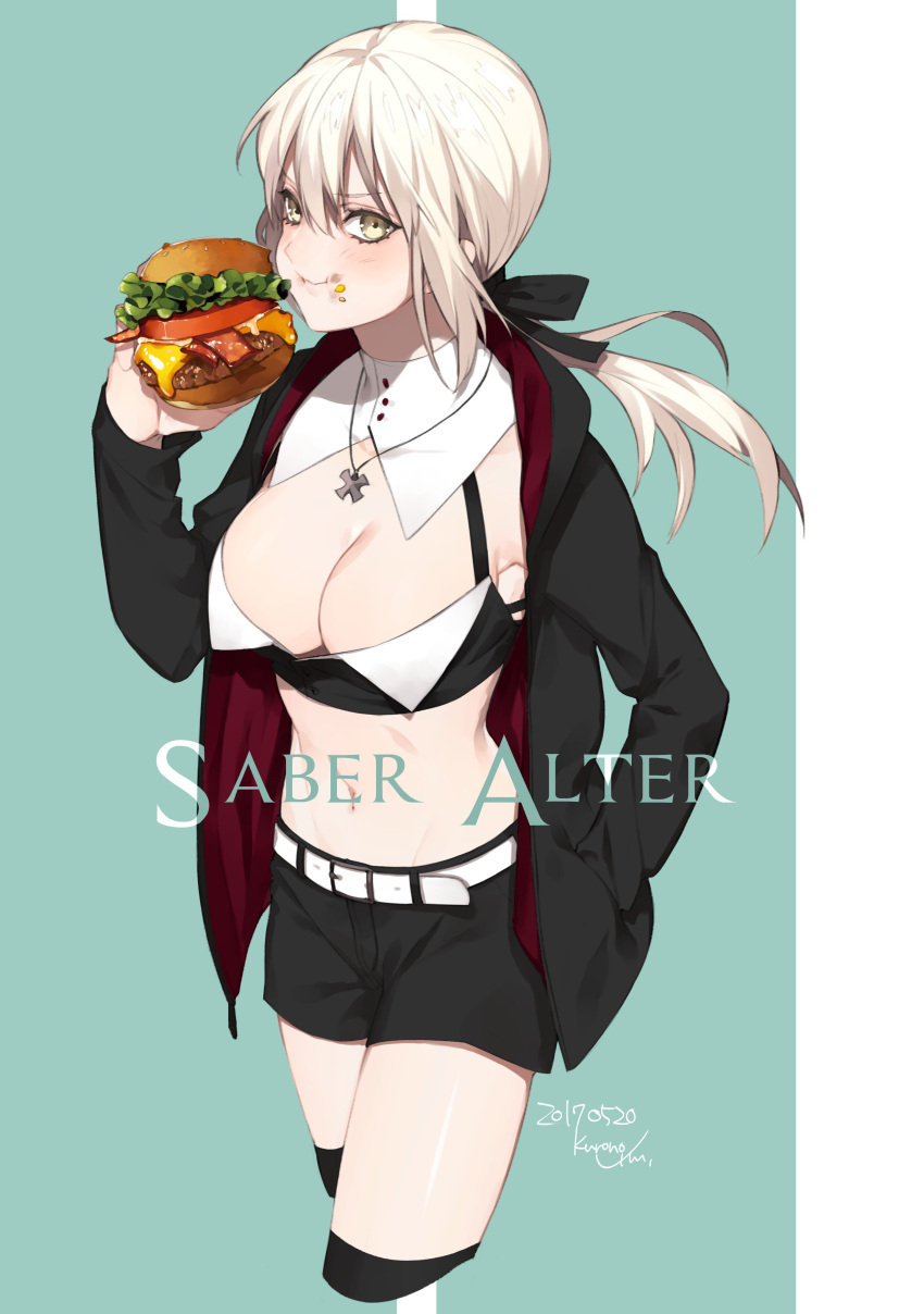 1girl absurdres belt blonde_hair cropped_legs eating fate_(series) food food_on_face hamburger highres jacket jewelry kurono_yuu midriff necklace ponytail saber saber_alter shorts