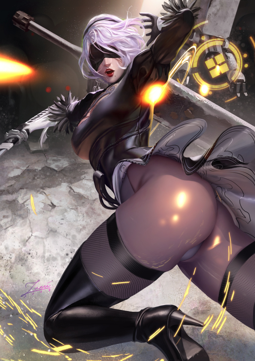 ass banned_artist black_dress blindfold breasts cleavage_cutout dress feather-trimmed_sleeves high_heels highres looking_at_viewer mole mole_under_mouth nier_(series) nier_automata pantyhose weapon white_hair yorha_no._2_type_b zumi_(zumidraws)