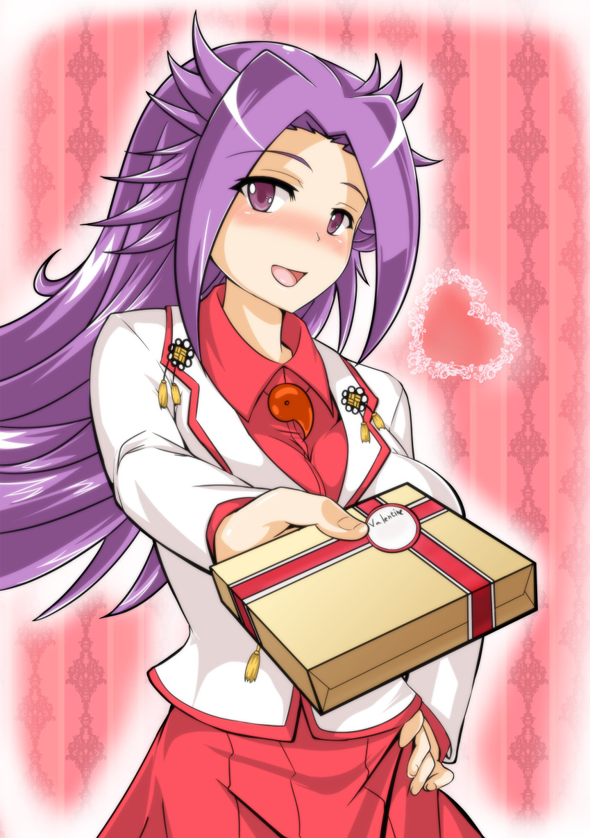 1girl :d absurdres blouse blush box dress_shirt gift gift_box hakama hand_on_hip head_tilt heart highres japanese_clothes jun'you_(kantai_collection) kantai_collection long_hair looking_at_viewer magatama open_mouth purple_hair sangyou_haikibutsu_a shirt smile solo spiky_hair tassel valentine violet_eyes