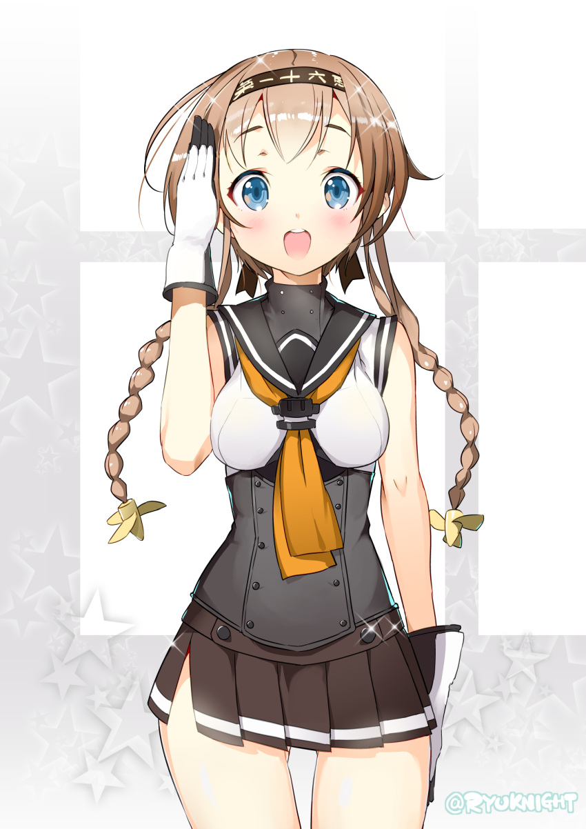 1girl blue_eyes braid breasts brown_hair clothes_writing commentary_request cowboy_shot gloves highres kantai_collection long_hair looking_at_viewer medium_breasts miniskirt naitou_ryuu open_mouth pleated_skirt salute school_uniform serafuku skirt solo teruzuki_(kantai_collection) twin_braids