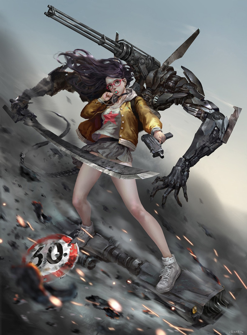 1girl artist_name black_choker breasts brown_eyes buttons candy choker collarbone day earrings extra_arms finger_on_trigger floating_hair food full_body gatling_gun glasses grey_skirt gun hand_up highres holding holding_gun holding_sword holding_weapon hood hood_down hooded_jacket hover_board imi_uzi jacket jewelry kouchong_wen legs legs_apart letterman_jacket lollipop long_sleeves looking_at_viewer machine_gun machinery minigun miniskirt multiple_arms no_socks open_clothes open_jacket original outdoors pleated_skirt purple_hair red-framed_eyewear shards shirt shoelaces shoes skirt sky small_breasts smoke sneakers solo standing standing_on_object star star_earrings star_print submachine_gun sword undershirt weapon white_shirt white_shoes wind yellow_jacket