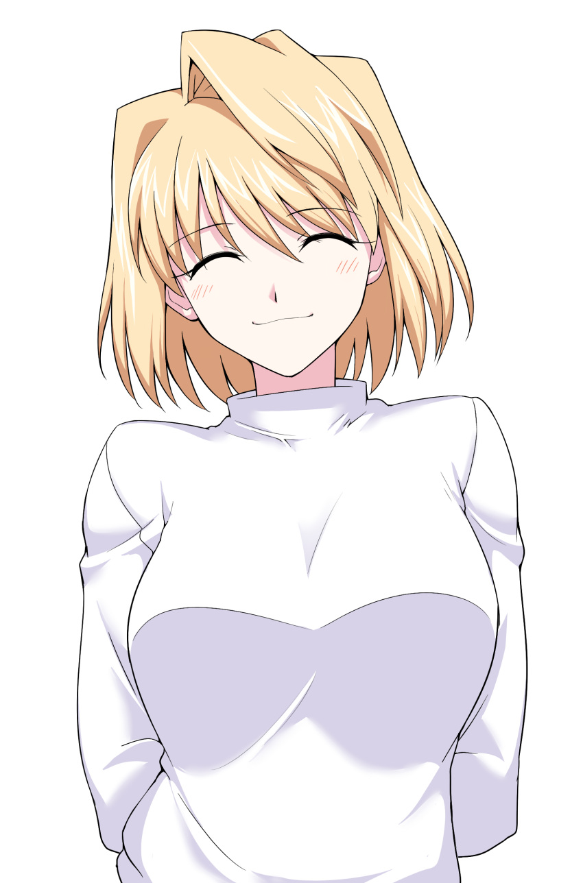 1girl absurdres arcueid_brunestud arms_behind_back blonde_hair breasts close-up closed_eyes harukon_(halcon) highres large_breasts long_sleeves short_hair smile sweater tsukihime upper_body white_background white_sweater