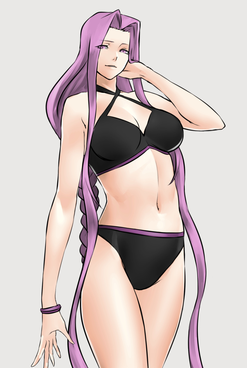 1girl adjusting_hair bikini bracelet braid breasts cowboy_shot fate/stay_night fate_(series) highres hikichi_sakuya jewelry long_hair looking_at_viewer medium_breasts medusa_(fate) medusa_(fate)_(all) navel purple_hair rider solo swimsuit very_long_hair violet_eyes