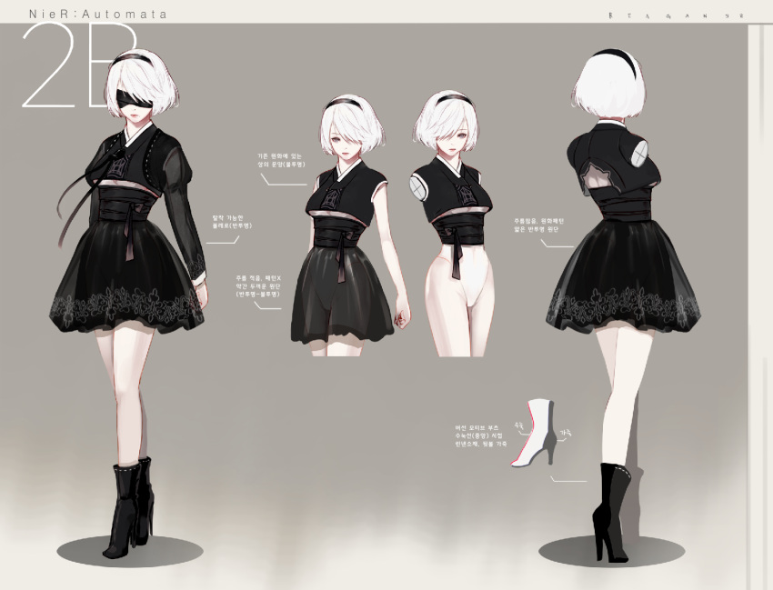 1girl android arms_at_sides artist_name back black_boots black_dress black_ribbon blindfold boots breasts character_name closed_mouth commentary copyright_name covered_eyes covered_navel dress from_behind full_body hair_over_one_eye hanbok high_heel_boots high_heels highleg highleg_leotard holding holding_sword holding_weapon katana korean_clothes leotard lips long_sleeves mole mole_under_mouth multiple_views nier_(series) nier_automata parts_exposed pink_lips print_dress reagan ribbon robot_joints sash short_hair solo standing sword weapon white_hair white_leotard yorha_no._2_type_b