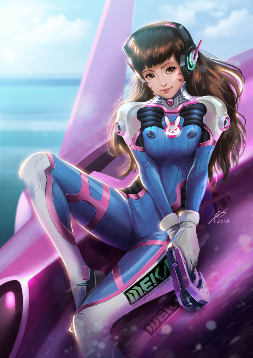 1girl absurdres acronym animal_print asian backlighting bangs blue_sky bodysuit breasts brown_eyes brown_hair bunny_print chua_eng_han clothes_writing clouds commentary d.va_(overwatch) dated facepaint facial_mark finger_on_trigger gloves gun handgun headphones high_collar highres holding holding_gun holding_weapon leg_up light_smile lips long_hair looking_at_viewer mecha medium_breasts meka_(overwatch) nose outdoors overwatch pilot_suit pink_lips pistol reflection ribbed_bodysuit shoulder_pads signature sitting skin_tight sky solo swept_bangs weapon whisker_markings white_gloves