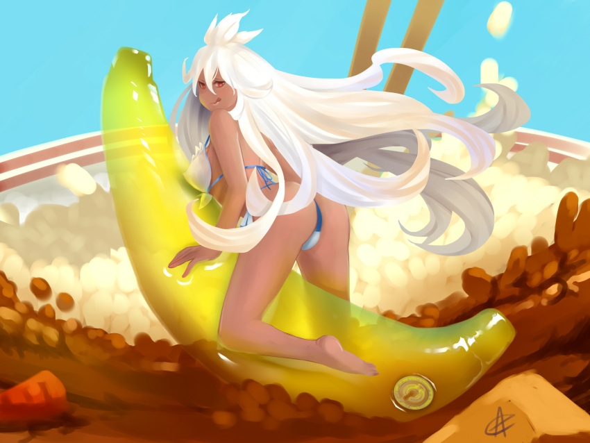 1girl :q absurdres ann_calina ass barefoot bikini blue_background blush breasts carrot closed_mouth commentary curry curry_rice dark_skin food from_behind full_body granblue_fantasy highres inflatable_banana inflatable_toy large_breasts long_hair looking_at_viewer looking_back red_eyes rice signature smile solo swimsuit the_order_grande tongue tongue_out very_long_hair white_hair