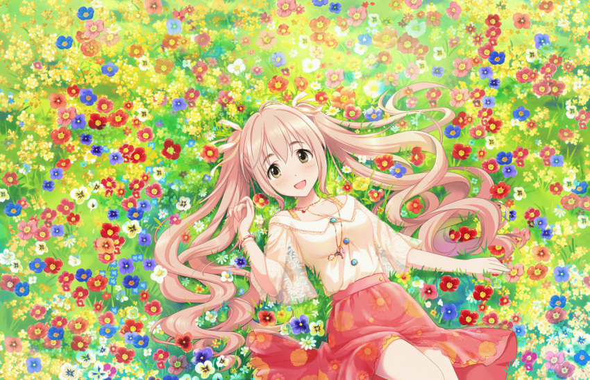1girl :d artist_request bangs blouse blue_flower blush breasts buttons collarbone colorful dot_nose dutch_angle eyebrows_visible_through_hair eyes_visible_through_hair field floral_print flower flower_field from_above grass green_eyes ground hair_between_eyes hair_ribbon hand_up high-waist_skirt idolmaster idolmaster_cinderella_girls idolmaster_cinderella_girls_starlight_stage jewelry knee_up lace lace-trimmed_shirt layered_skirt long_hair long_sleeves looking_at_viewer lying medium_breasts necklace off_shoulder official_art on_back open_mouth outdoors pendant pink_hair print_skirt raised_eyebrows red_flower red_skirt ribbon saionji_kotoka see-through see-through_silhouette shirt shirt_tucked_in skirt smile solo thick_eyebrows twintails very_long_hair white_blouse white_flower white_ribbon white_shirt yellow_flower