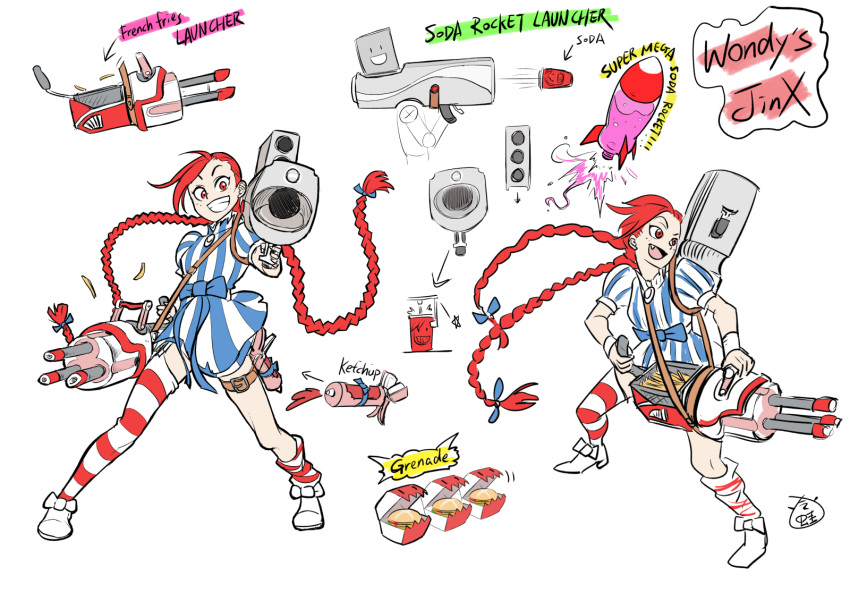 1girl alternate_costume alternate_hair_color braid commentary_request cosplay dress dual_wielding english fang food french_fries gatling_gun grin gun hair_ribbon hamburger highres jinx_(league_of_legends) ketchup league_of_legends leng_wa_guo long_hair looking_at_viewer machine_gun minigun open_mouth pointing pointing_at_viewer red_eyes redhead ribbon rocket rocket_launcher signature sketch smile soda soda_cup solo star striped striped_dress striped_legwear thigh-highs thigh_strap twintails weapon wendy's wendy_(wendy's) wendy_(wendy's)_(cosplay)