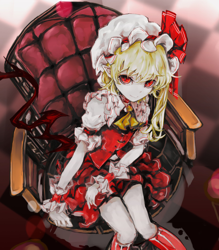 1girl absurdres ascot bangs blonde_hair blurry checkered checkered_floor choker closed_mouth crystal depth_of_field flandre_scarlet frilled_shirt_collar frills from_above hat hat_ribbon highres kneehighs looking_at_viewer looking_up mob_cap pale_skin pointy_ears puffy_short_sleeves puffy_sleeves red_eyes red_ribbon red_skirt red_vest ribbon short_sleeves side_ponytail sitting skirt skirt_set smile solo striped striped_legwear touhou vest wings wrist_cuffs yutapon