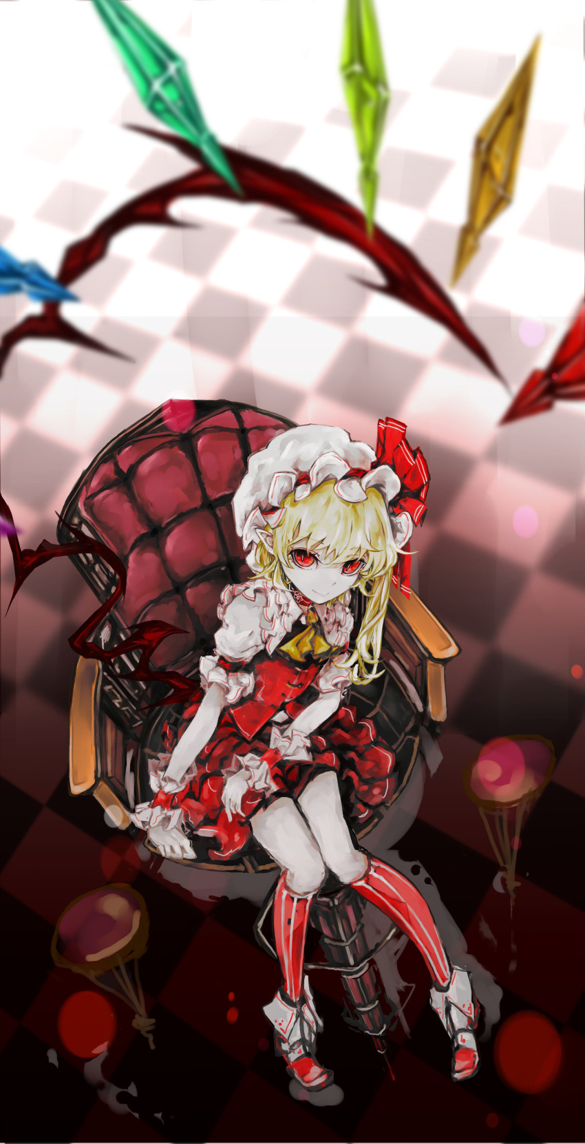 1girl absurdres ascot bangs blonde_hair blurry checkered checkered_floor choker closed_mouth crystal depth_of_field flandre_scarlet frilled_shirt_collar frills from_above full_body hat hat_ribbon highres kneehighs looking_at_viewer looking_up mob_cap pale_skin pointy_ears puffy_short_sleeves puffy_sleeves red_eyes red_ribbon red_skirt red_vest ribbon short_sleeves side_ponytail sitting skirt skirt_set smile solo striped striped_legwear touhou vest wings wrist_cuffs yutapon