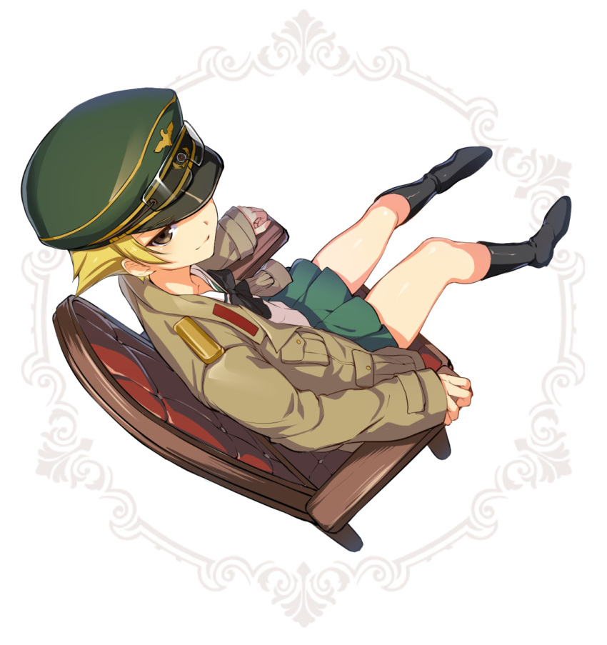 1girl blonde_hair boots bow brown_eyes chair erwin_(girls_und_panzer) girls_und_panzer goggles goggles_on_headwear green_skirt hat hat_over_one_eye highres ikomochi jacket long_sleeves looking_at_viewer military military_uniform ooarai_school_uniform peaked_cap pleated_skirt school_uniform serafuku shiny shiny_clothes short_hair sitting skirt smile solo uniform