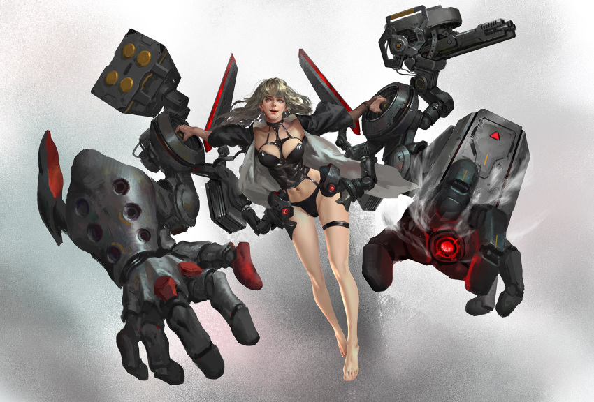 1girl bangs bare_legs barefoot between_breasts black_choker black_panties blonde_hair breasts choker collarbone extra_arms full_body gun highres jacket kouchong_wen lips lipstick long_hair long_sleeves looking_at_viewer machine_gun machinery makeup medium_breasts missile_pod mole mole_under_eye multiple_arms navel nose open_clothes open_jacket open_mouth original outstretched_arms panties red_lips red_lipstick smile solo stomach teeth thigh_strap toenails toes turret underwear weapon