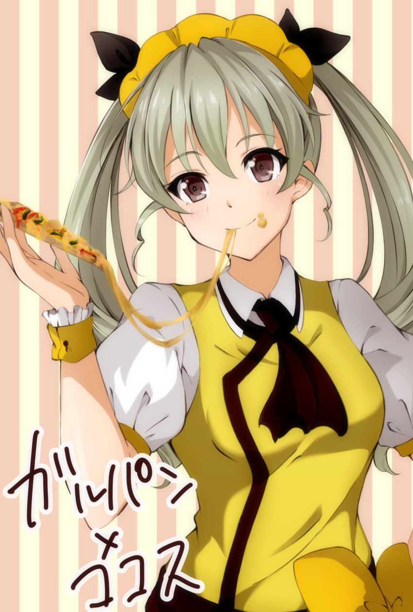 1girl alternate_costume anchovy ascot bangs black_ascot black_ribbon blouse bow closed_mouth coco's collared_shirt copyright_name drill_hair duffy eating food food_on_face girls_und_panzer green_hair hair_ribbon highres holding holding_food long_hair looking_at_viewer pizza puffy_short_sleeves puffy_sleeves red_eyes ribbon shirt short_sleeves smile solo standing twin_drills twintails upper_body waitress wrist_cuffs yellow_blouse yellow_bow