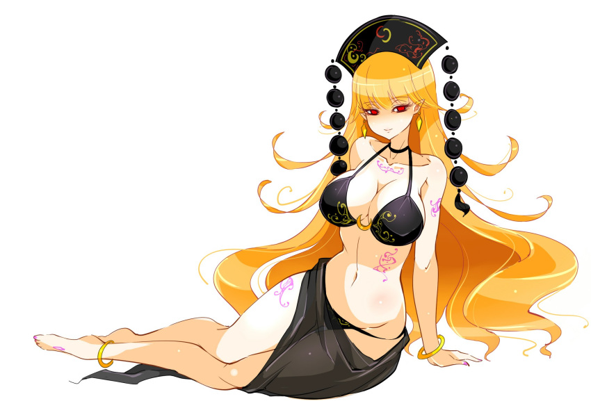 1girl anklet bangs barefoot bikini black_bikini blonde_hair bracelet breasts cleavage crescent earrings full_body groin halter_top halterneck highres jewelry junko_(touhou) large_breasts light_smile long_hair looking_at_viewer nail_polish navel pink_nails pointy_ears raptor7 red_eyes sarong simple_background solo stomach swimsuit tassel tattoo touhou very_long_hair wavy_hair white_background
