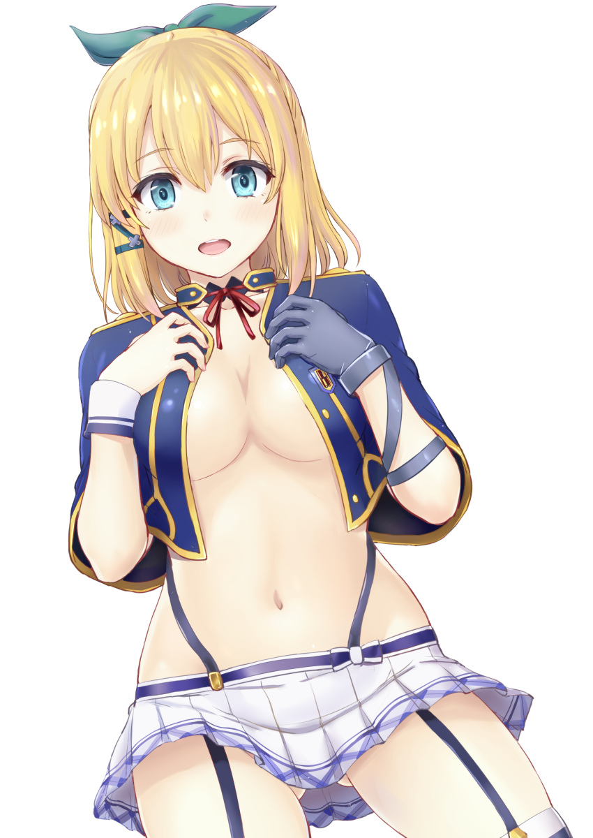 1girl absurdres blonde_hair blue_eyes blue_gloves blush bow breasts cleavage commentary_request dutch_angle garter_straps gloves gluteal_fold groin hair_between_eyes hair_bow hands_on_own_chest highres inanaki_shiki looking_at_viewer medium_breasts navel no_bra open_clothes open_mouth open_shirt raised_eyebrows rokudenashi_majutsu_koushi_to_akashic_record rumia_tingel school_uniform shirt short_hair single_glove skirt stomach thigh-highs thighs under_boob white_background