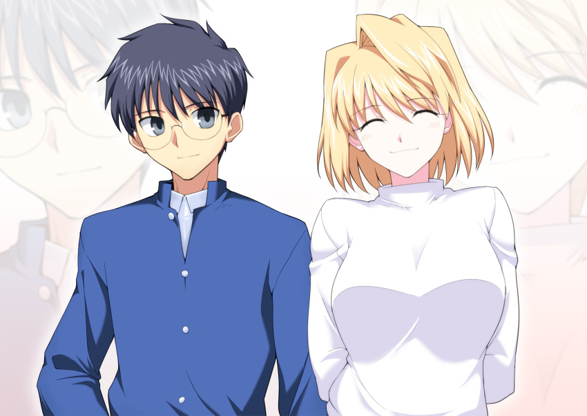 1boy 1girl arcueid_brunestud arms_behind_back black_hair blue_jacket breasts closed_eyes commentary_request glasses grey_eyes harukon_(halcon) highres jacket large_breasts long_sleeves school_uniform short_hair smile standing sweater toono_shiki tsukihime upper_body white_sweater zoom_layer