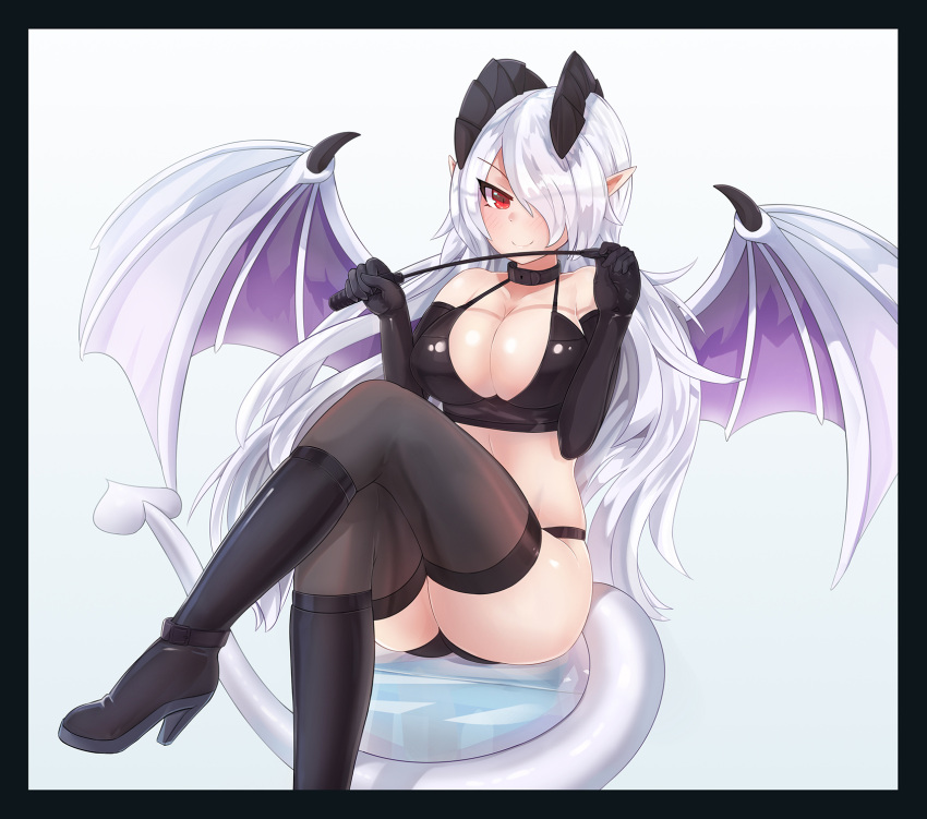 bikini boots breasts cleavage collar demon_girl demon_tail demon_wings ehrrr elbow_gloves gloves highres horns legs_crossed lilim_(monster_girl_encyclopedia) long_hair monster_girl_encyclopedia pointy_ears riding_crop sitting succubus succubus_(monster_girl_encyclopedia) swimsuit tail thigh-highs white_background white_hair wings