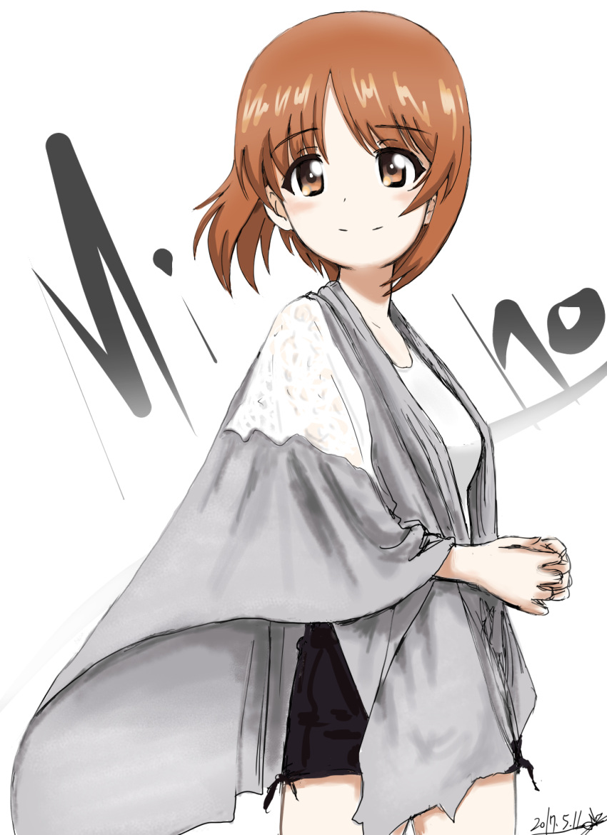 1girl artist_name bangs black_skirt bukkuri casual character_name closed_mouth cowboy_shot dated from_side girls_und_panzer hands_together highres light_smile looking_back miniskirt nishizumi_miho romaji shawl shirt short_hair signature simple_background sketch skirt solo standing white_background white_shirt wind