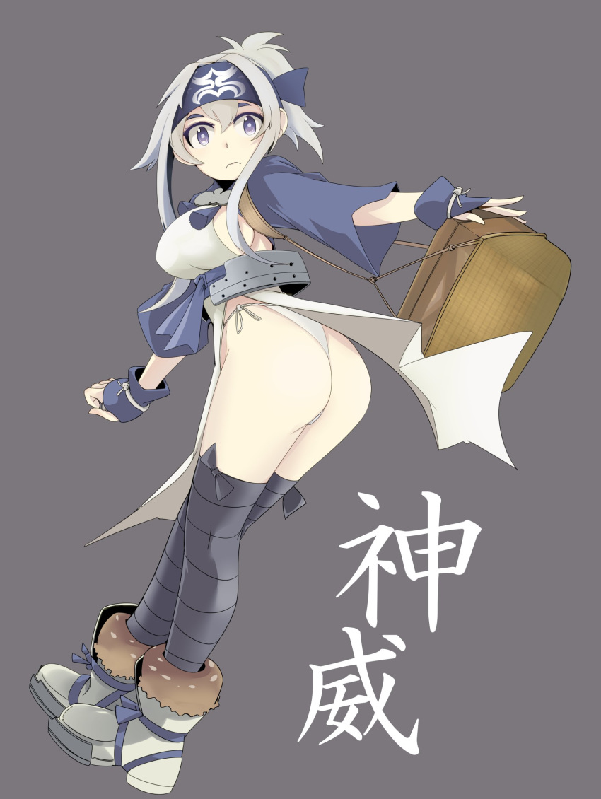1girl ainu ainu_clothes ass bandanna black_legwear blue_eyes boots breasts closed_mouth commentary_request cropped_jacket dress folded_ponytail full_body grey_background hair_between_eyes headband highres isetta kamoi_(kantai_collection) kantai_collection long_hair long_sleeves looking_at_viewer panties side-tie_panties sidelocks simple_background sleeveless sleeveless_dress solo thick_eyebrows thigh-highs underwear white_dress white_hair wrist_guards